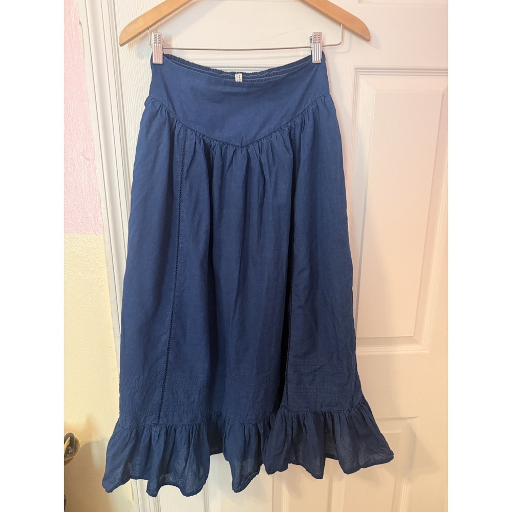 American Eagle Chambray Denim Ruffled Midi Skirt XS Indigo Blue Western Festival